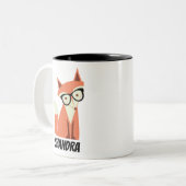 Schattigee Cartoon Hipster Fox met bril, naam Tweekleurige Koffiemok (Voorkant links)