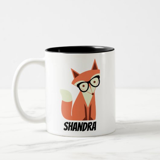 Schattigee Cartoon Hipster Fox met bril, naam Tweekleurige Koffiemok (Links)