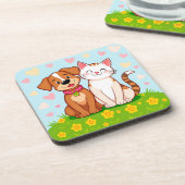 Schattigee Cartoon Hond en Kat Samen Zitten Bier Onderzetter (Linkerzijde)