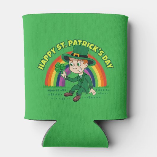 Schattigee cartoon kabouter met klaverblad en rege blikjeskoeler (Achterkant)