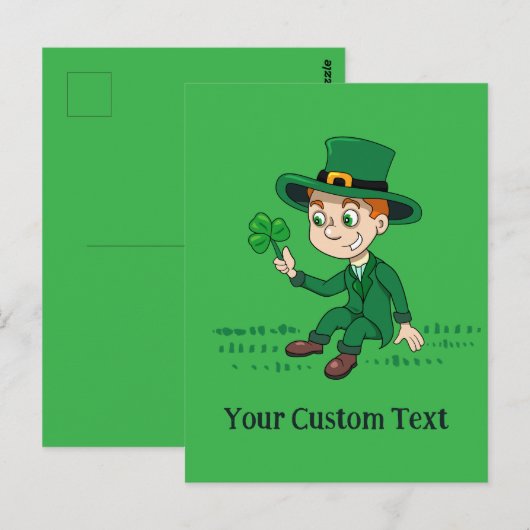 Schattigee cartoon kabouter met klaverblad en rege briefkaart (Voorkant / Achterkant)