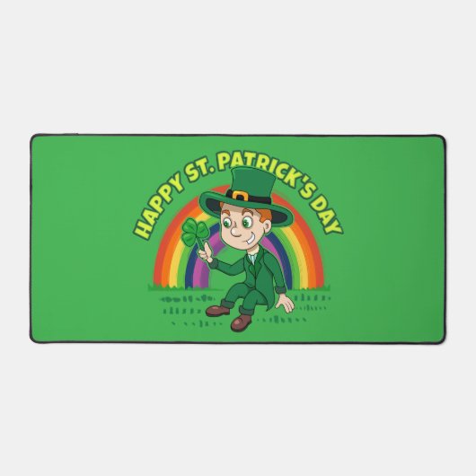 Schattigee cartoon kabouter met klaverblad en rege bureaumat (Voorkant)