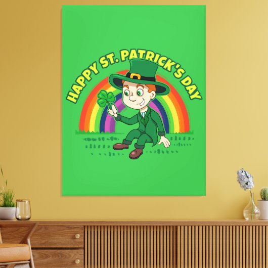 Schattigee cartoon kabouter met klaverblad en rege canvas afdruk (Insitu (Woonkamer))