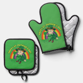 Schattigee cartoon kabouter met klaverblad en rege ovenwant & pannenlap set (Voorkant / Achterkant)