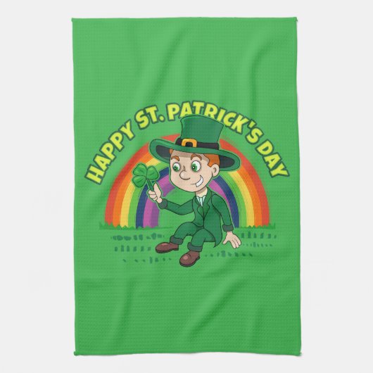 Schattigee cartoon kabouter met klaverblad en rege theedoek (Verticaal)