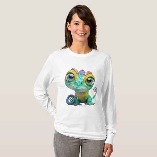 Schattigee Cartoon kameleon met grote ogen | Kleur T-shirt (Voorkant volledig)