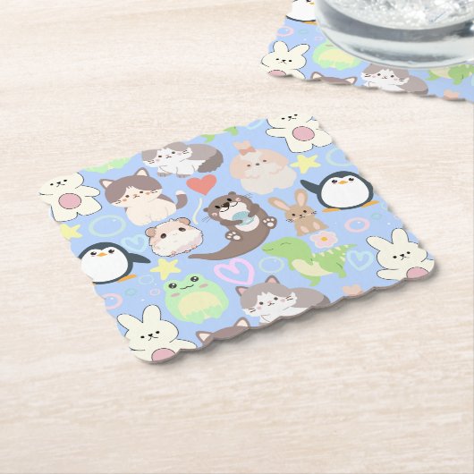 Schattigee Cartoon karakters patroon L Blue BG Kartonnen Onderzetters (Gebogen)