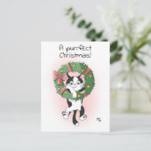 Schattigee Cartoon Kat bungelend uit een kerstkran Feestdagenkaart (Staand voorkant)