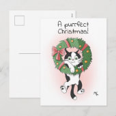 Schattigee Cartoon Kat bungelend uit een kerstkran Feestdagenkaart (Voorkant / Achterkant)