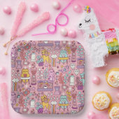 Schattigee Cartoon kat Collectie op roze Papieren Bordje (Feest)