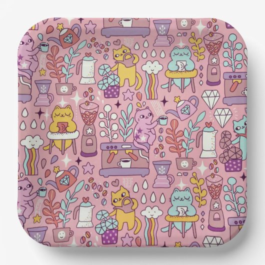 Schattigee Cartoon kat Collectie op roze Papieren Bordje (Voorkant)