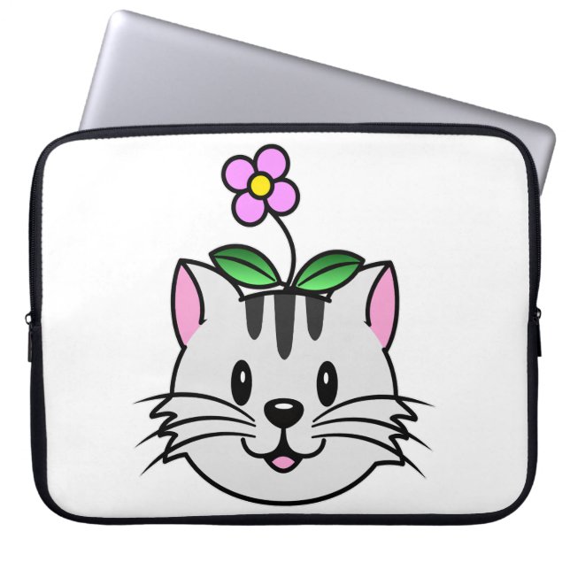 Schattigee Cartoon Kat met een Bloem op Zijn Hoofd Laptop Sleeve (Voorkant)
