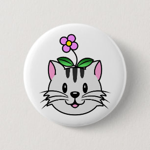 Schattigee Cartoon Kat met een Bloem op Zijn Hoofd Ronde Button 5,7 Cm