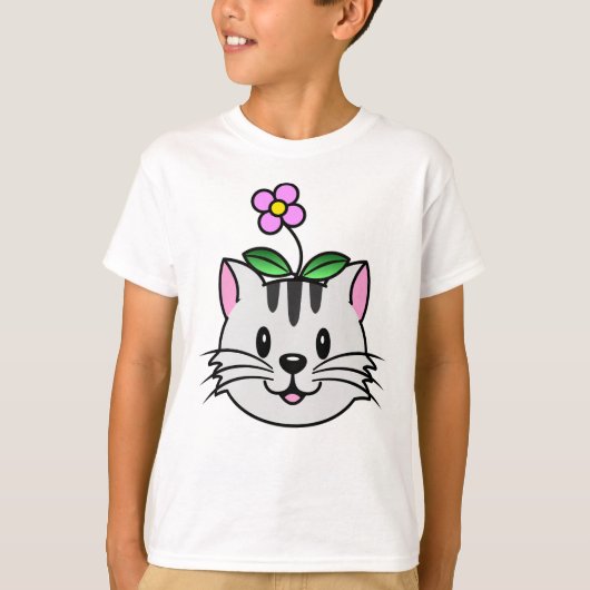 Schattigee Cartoon Kat met een Bloem op Zijn Hoofd T-shirt (Voorkant)