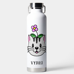 Schattigee Cartoon Kat met een Bloem op Zijn Hoofd Waterfles