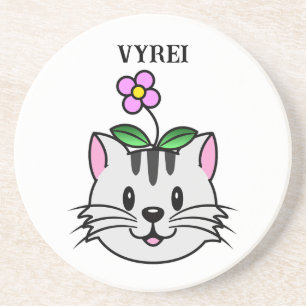 Schattigee Cartoon Kat met een Bloem op Zijn Hoofd Zandsteen Onderzetter