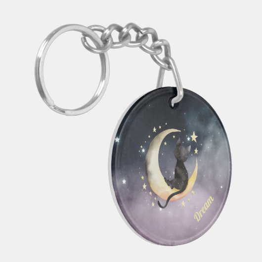 Schattigee Cartoon kat op de maan Sleutelhanger (Voorkant Links)