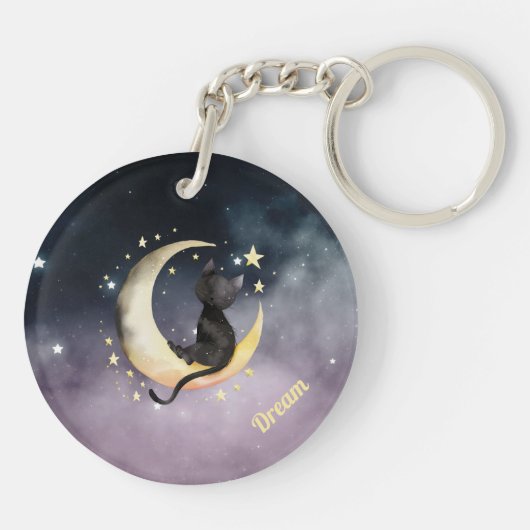 Schattigee Cartoon kat op de maan Sleutelhanger (Achterkant)