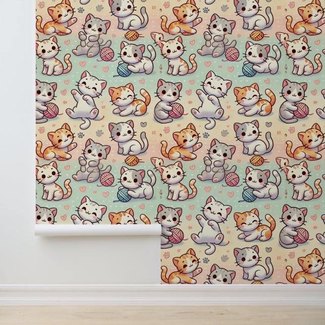 Schattigee Cartoon Katten Behang – Kawaii Kattenpa (Applicatie)