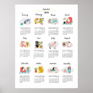 Schattigee Cartoon Katten en Honden 2024 Kalender Poster