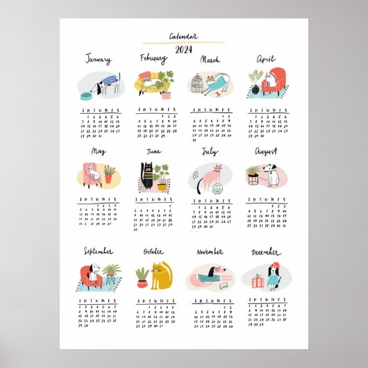 Schattigee Cartoon Katten en Honden 2024 Kalender Poster (Voorkant)