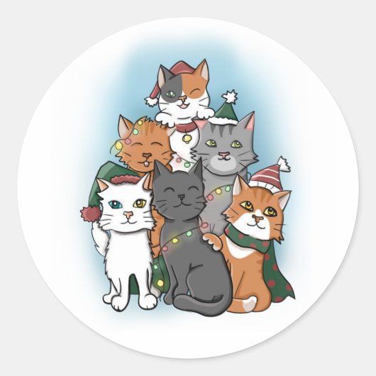 Schattigee Cartoon Katten groepstekening Ronde Sticker (Voorkant)