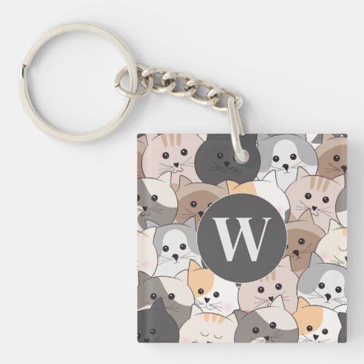 Schattigee Cartoon Katten Monogram Sleutelhanger (Voorkant)
