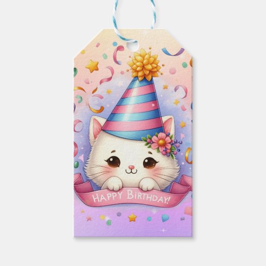Schattigee Cartoon Kawaii Kitty Cat Happy Birthday Cadeaulabel (Voorkant)
