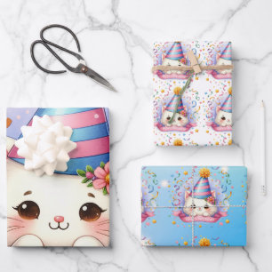 Schattigee Cartoon Kawaii Kitty Cat Happy Birthday Inpakpapier Vel