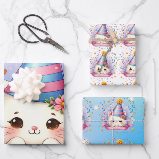 Schattigee Cartoon Kawaii Kitty Cat Happy Birthday Inpakpapier Vel (Voorkant)