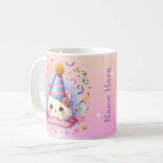 Schattigee Cartoon Kawaii Kitty Cat Happy Birthday Koffiemok (Voorkant links)
