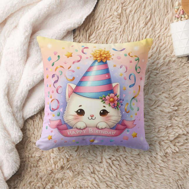 Schattigee Cartoon Kawaii Kitty Cat Happy Birthday Kussen (Deken)