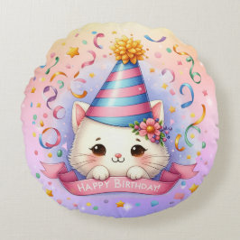 Schattigee Cartoon Kawaii Kitty Cat Happy Birthday Rond Kussen