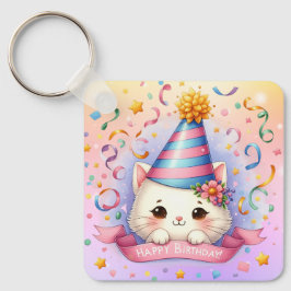 Schattigee Cartoon Kawaii Kitty Cat Happy Birthday Sleutelhanger