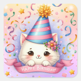 Schattigee Cartoon Kawaii Kitty Cat Happy Birthday Vierkante Sticker