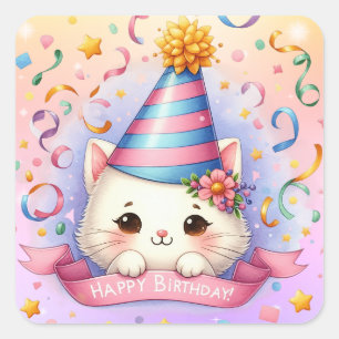 Schattigee Cartoon Kawaii Kitty Cat Happy Birthday Vierkante Sticker