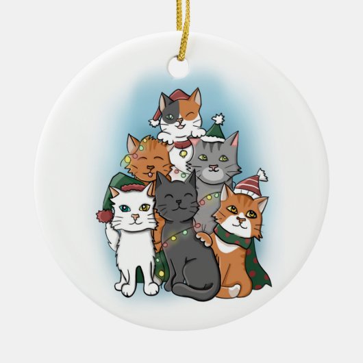 Schattigee Cartoon Kerst Kat Stapel Keramisch Ornament (Voorkant)