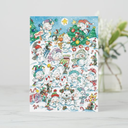 Schattigee Cartoon Kerst Polar Beer Party Uitnodig Kaart (Staand voorkant)