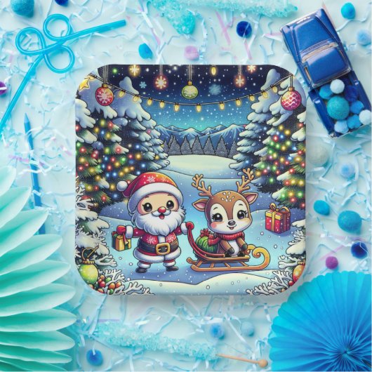 Schattigee Cartoon Kerstman en rendier kerst Papieren Bordje (Feest)