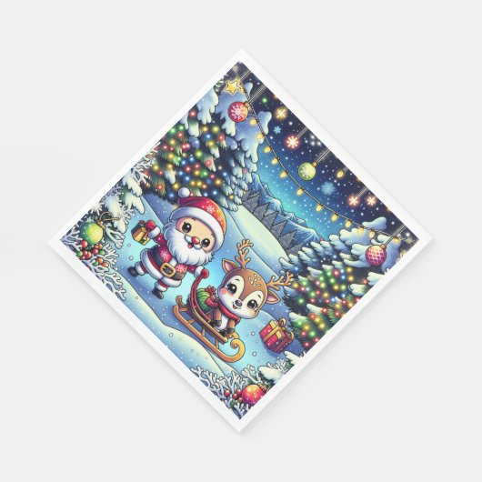 Schattigee Cartoon Kerstman en rendier kerst Servet (Hoek)