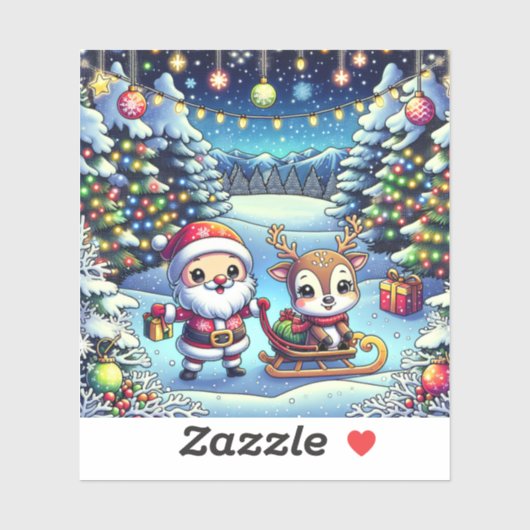 Schattigee Cartoon Kerstman en rendier kerst Sticker (Vel)