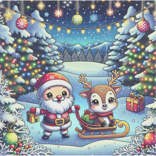 Schattigee Cartoon Kerstman en rendier kerst Sticker (Voorkant)