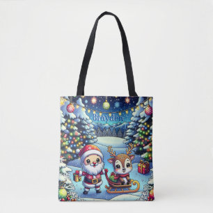 Schattigee Cartoon Kerstman en rendier kerst Tote Bag