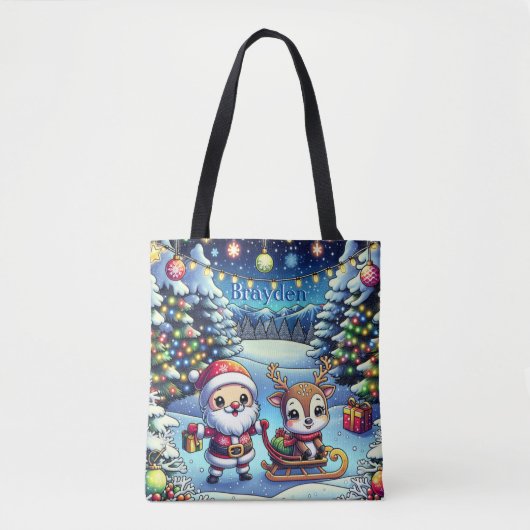 Schattigee Cartoon Kerstman en rendier kerst Tote Bag (Voorkant)