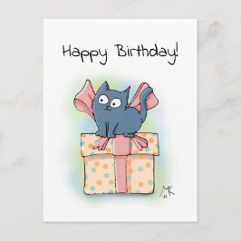Schattigee Cartoon kitten op geschenkdoos Happy Bi Briefkaart
