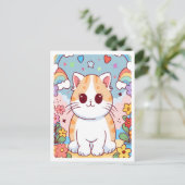 Schattigee Cartoon Kitty Cat, Bloemen, Regenbogen Briefkaart (Staand voorkant)