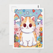 Schattigee Cartoon Kitty Cat, Bloemen, Regenbogen Briefkaart (Voorkant / Achterkant)