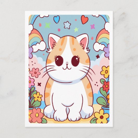 Schattigee Cartoon Kitty Cat, Bloemen, Regenbogen Briefkaart (Voorkant)