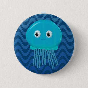 Schattigee Cartoon kwal in Blue Waves Ronde Button 5,7 Cm