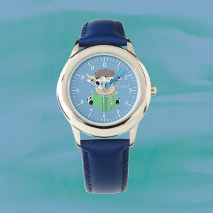 Schattigee Cartoon lezen Koe Boy Blue Watch Horloge